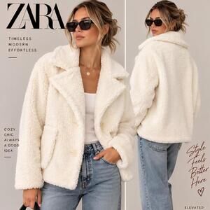 ZARA Cream Ivory Teddy Faux Shearling Coat Oversized Collar NWOT Size XL